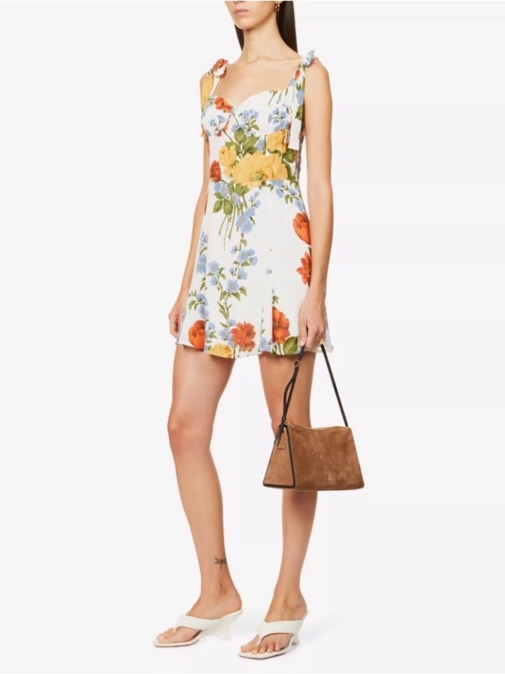 Reformation White Mini Dress with Red & Yellow Floral Print